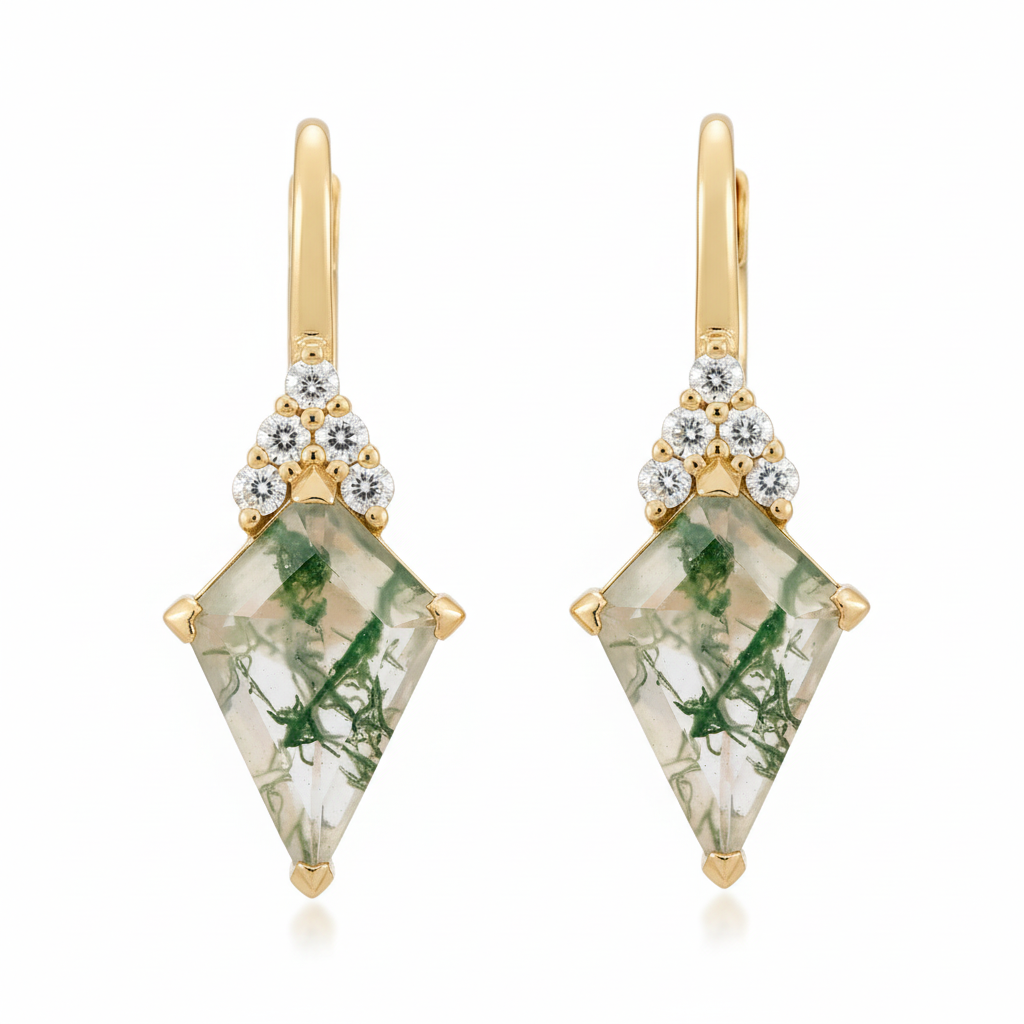 Zlaté náušnice s mechovým achátem a diamanty – 14karátové zlato