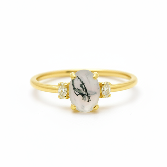 Prsten s mechovým achátem a diamantem ze 14karátového zlata