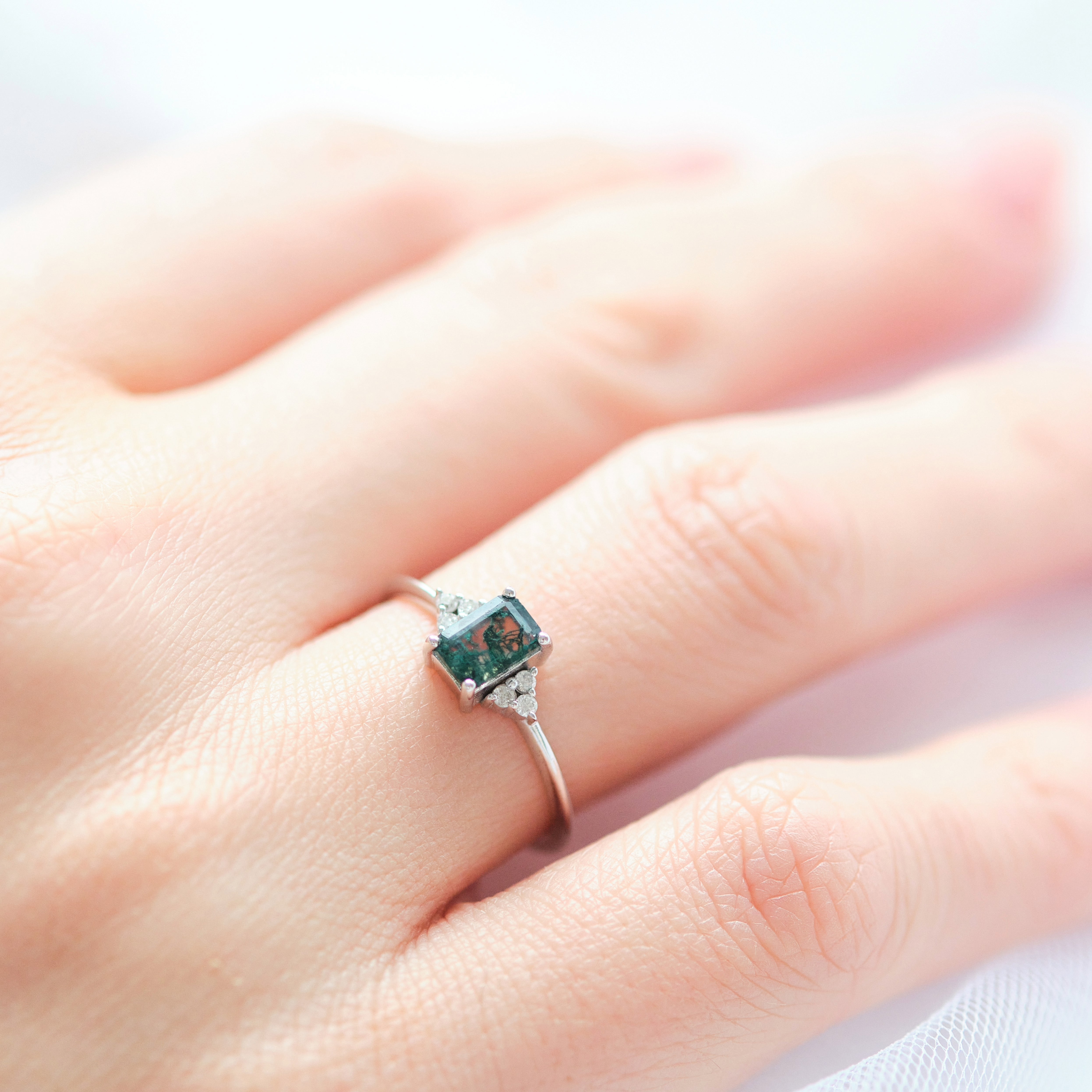 Moss Agate Engagement Ring With Diamond - Solenne