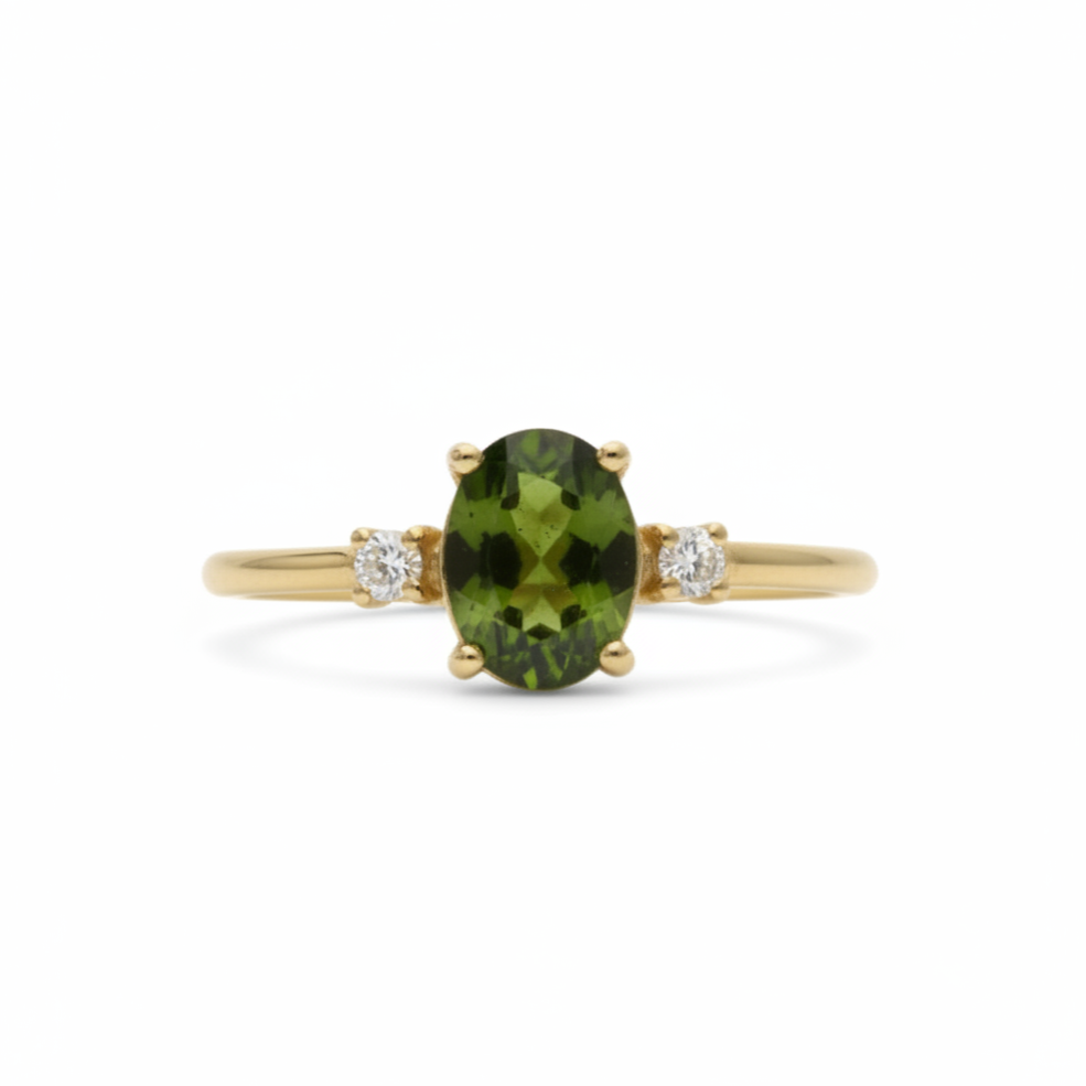 Ovaler Moldavit Ring mit Diamant – 14 Karat Massivgold