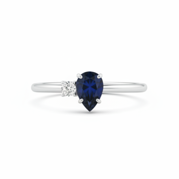 Prsten ve tvaru hrušky s modrým safírem a diamantem - alternativní svatební prsten