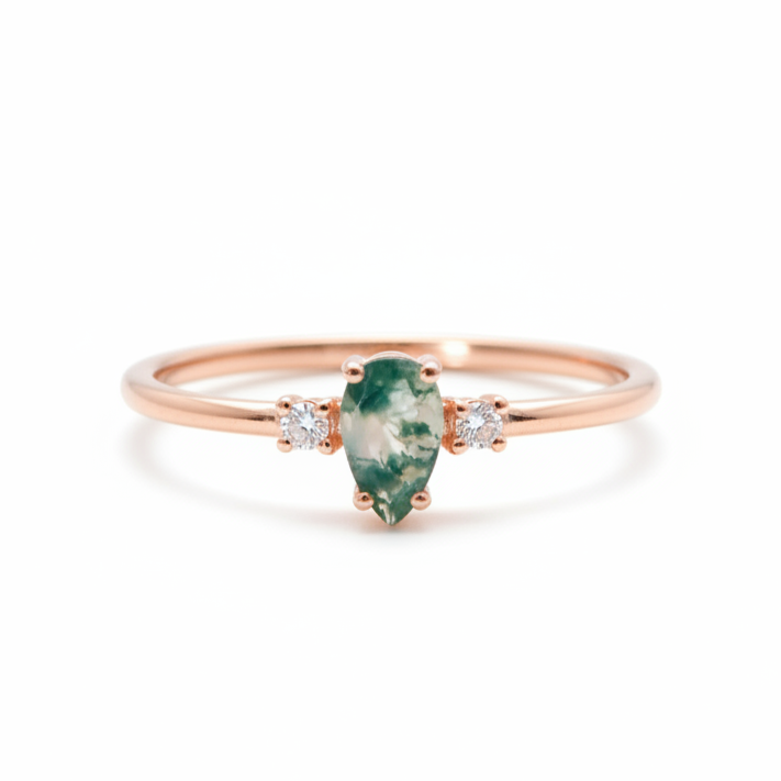 Pear Shape Moss Agate and Diamond Engagement Ring