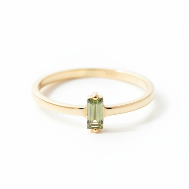 Solitaire prsten s baguette zeleným safírem – Grace ze 14karátového zlato