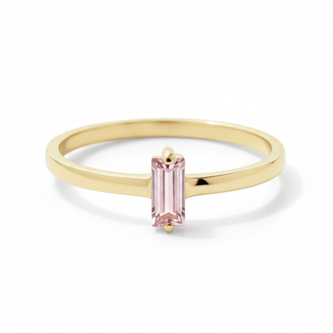 14 Karat Gold Solitär-Ring mit Baguette-Rosa Saphir