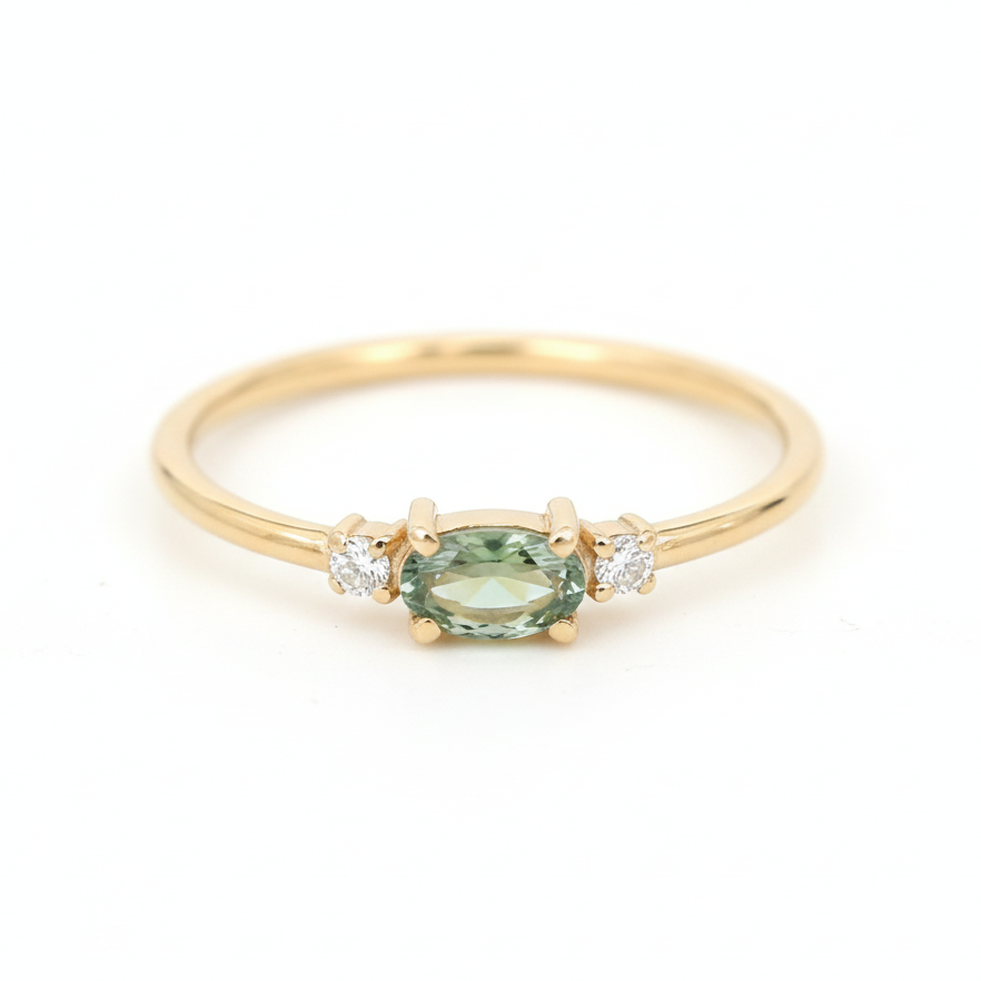 Three Stone Oval Green Sapphire Ring With Diamond