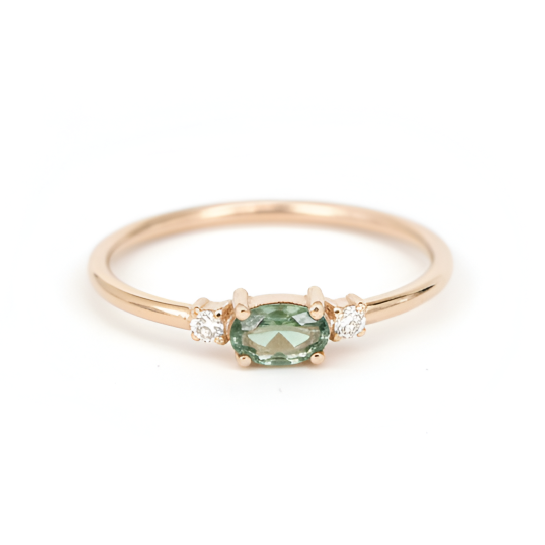 Three Stone Oval Green Sapphire Ring With Diamond