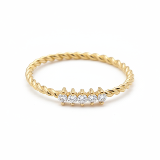 Zlatý prsten s diamanty – kroucená obroučka, 14K zlato