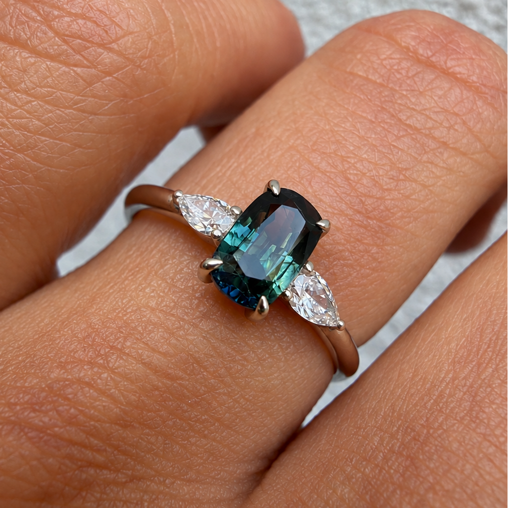 Green Sapphire & Diamond Engagement Ring - Trinity