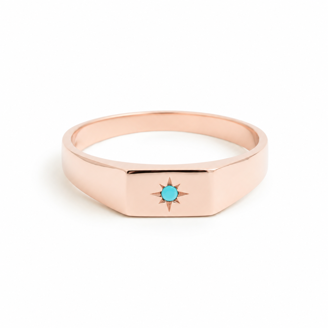 Dainty Turquoise Signet Ring in 14k Gold with North Star Design