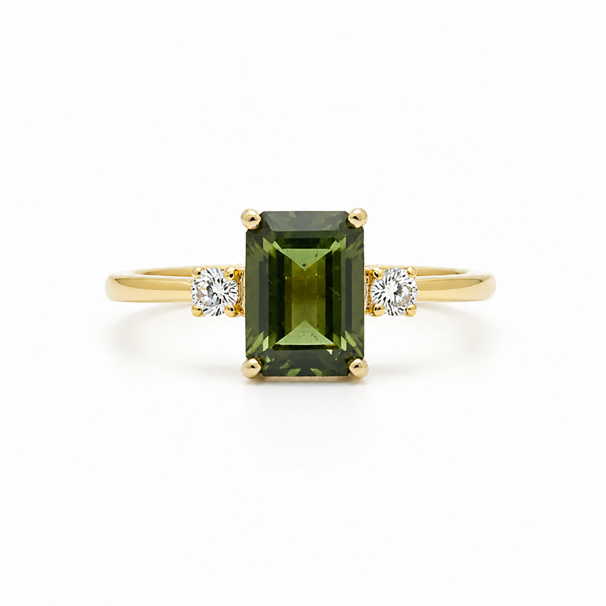 Emerald Cut Moldavite Engagement Ring With Diamonds - Trinity