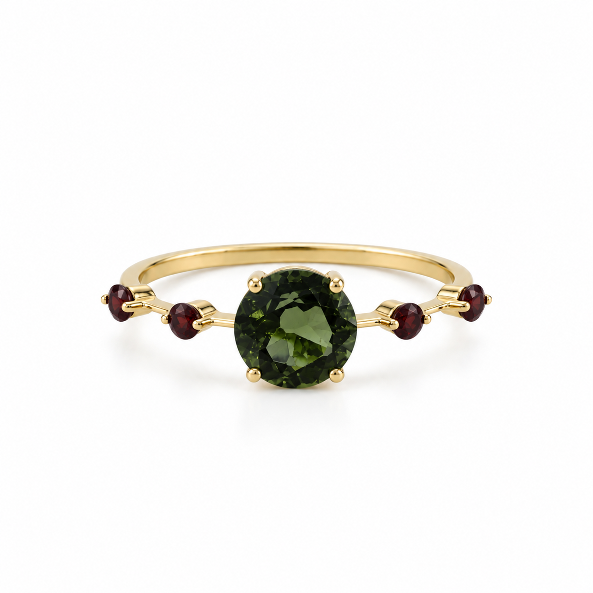Round Cut Moldavite Ring with Garnets