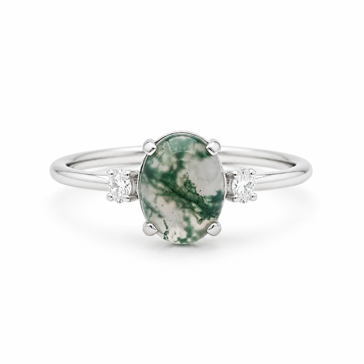 Cabochon Moss Agate Ring With Diamond - Trinity