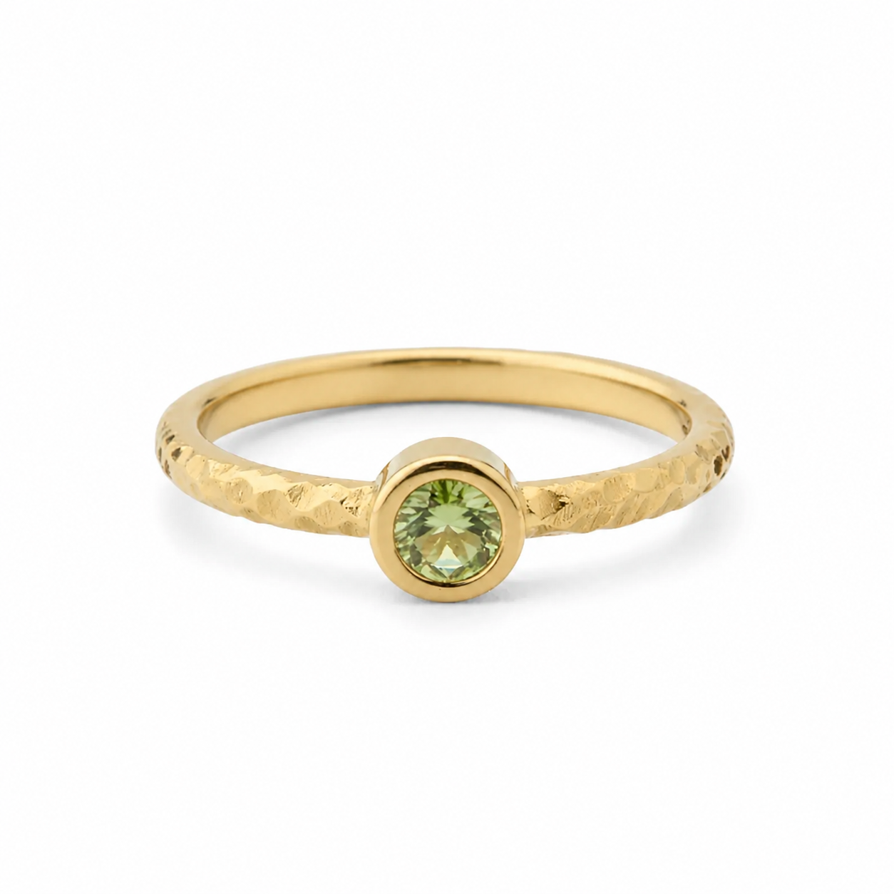 Bezel Set Green Sapphire Engagement Ring In Hammered Band