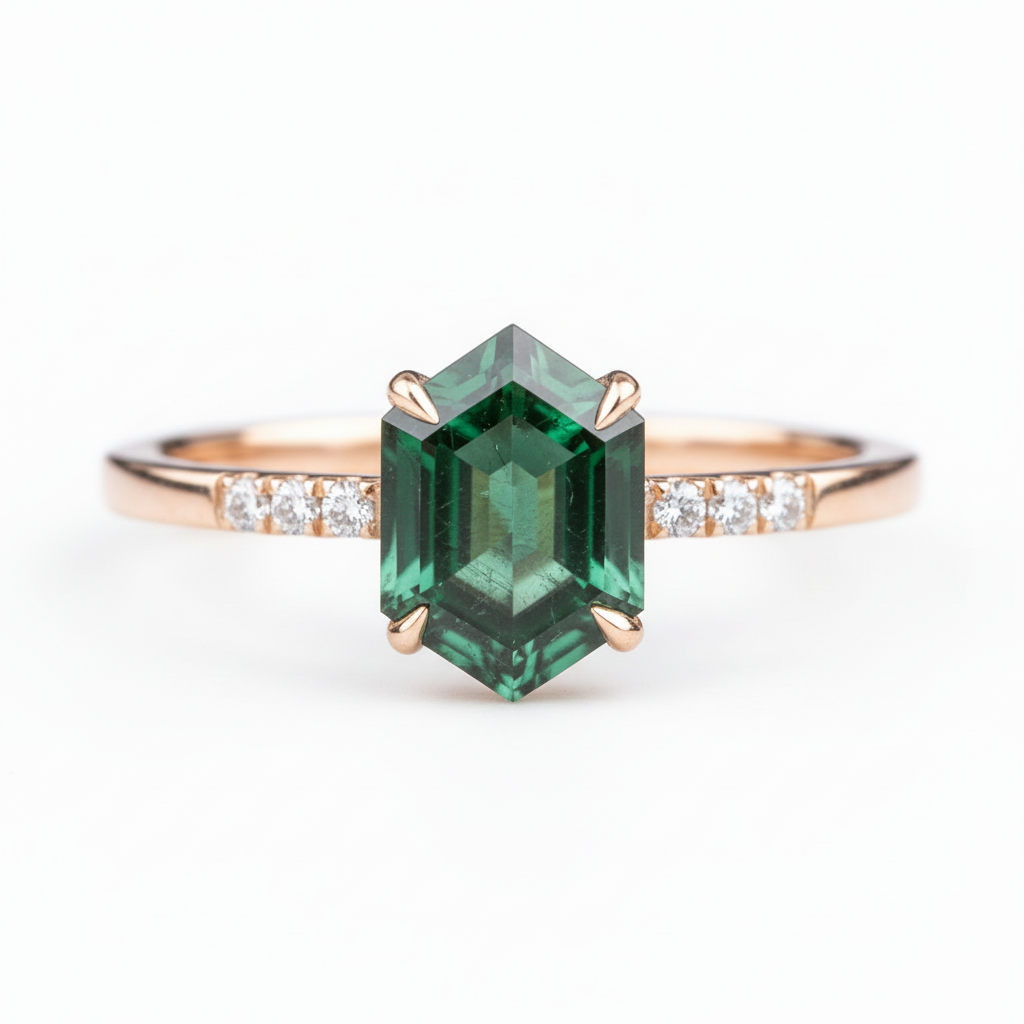Green Sapphire Engagement Ring - White Background