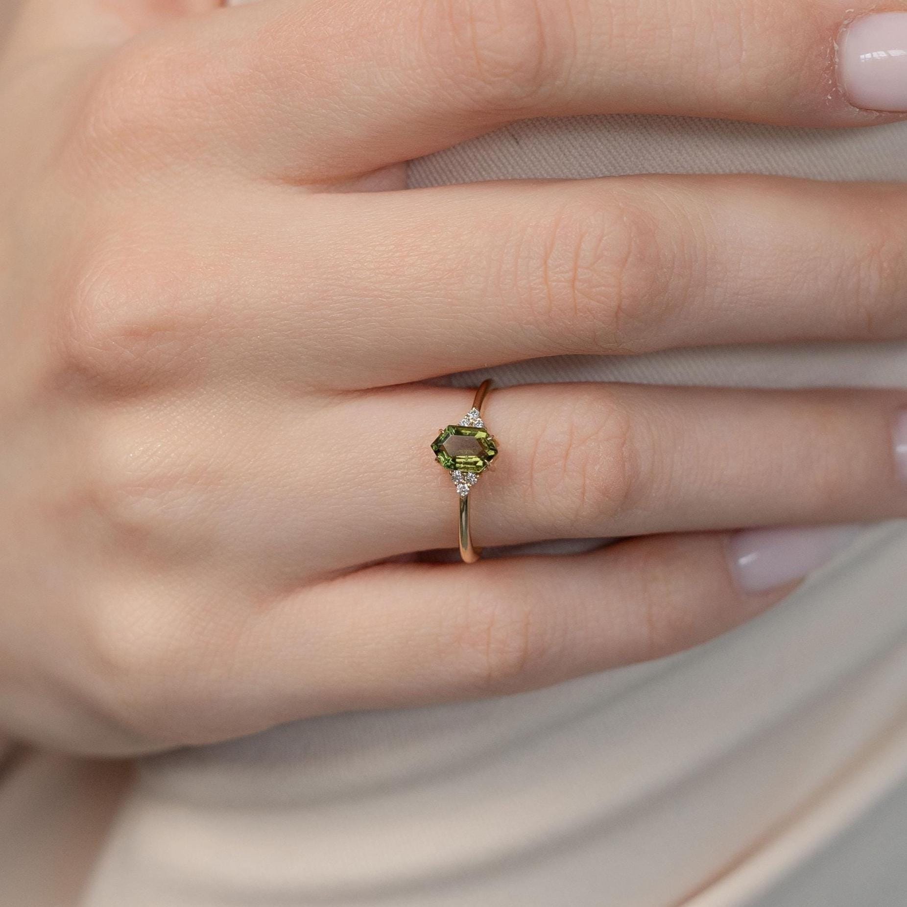 Hexagon Moldavite Engagement Ring With Diamond - Hexara