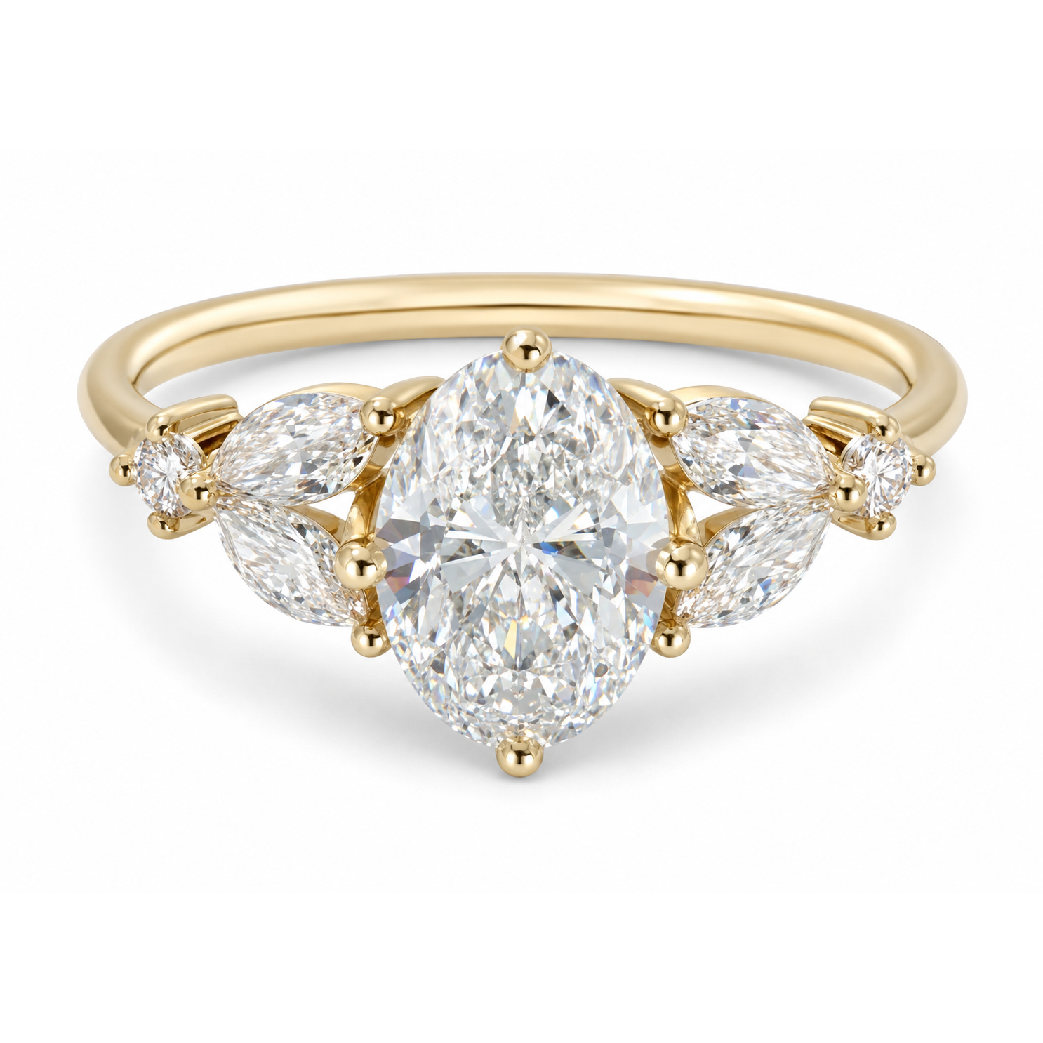 Oval Cut Diamond Engagement Ring with Marquise Side Diamonds - Lab Grown