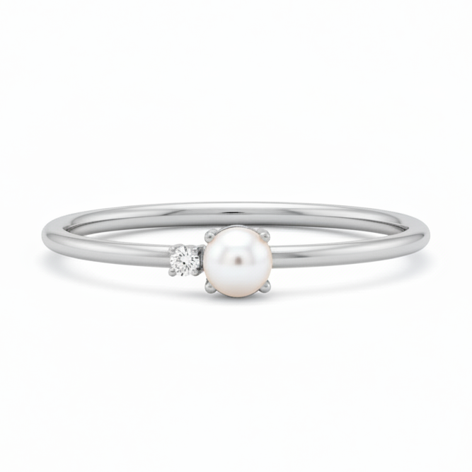 14K Gold Dainty Pearl and Diamond Ring