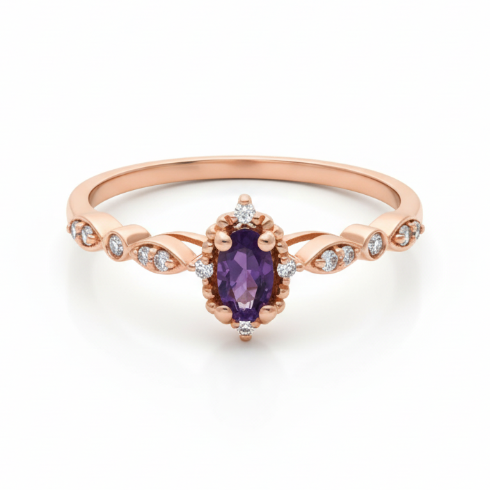 14 Karat Gold Oval Amethyst Ring mit Diamanten