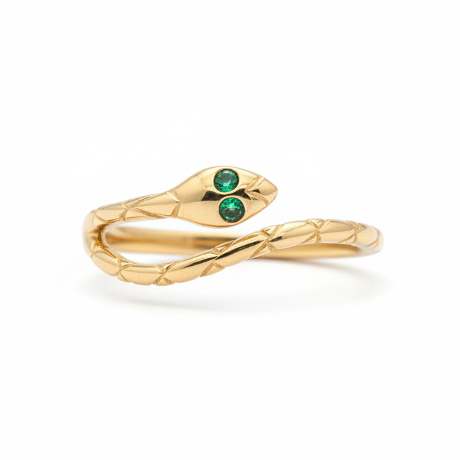 14K Solid Gold Snake Ring With Gemstone Eyes