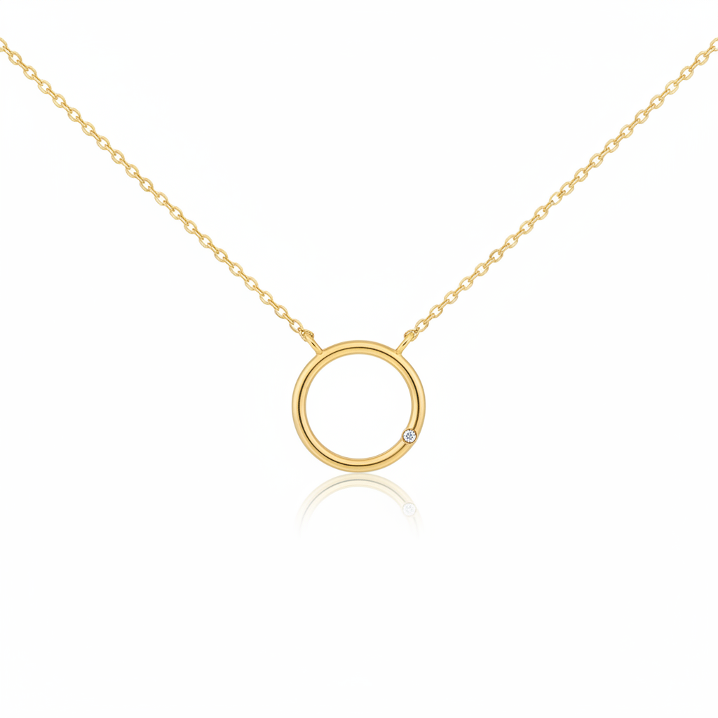 14K Gold Open Circle Necklace 11mm with Zirconia