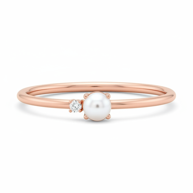 14K Gold Dainty Pearl and Diamond Ring