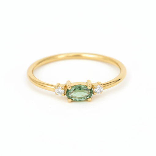 Three Stone Oval Green Sapphire Ring With Diamond