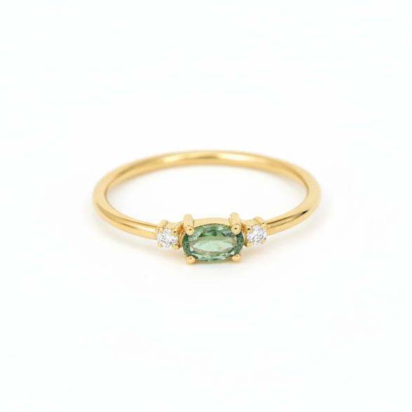 Three Stone Oval Green Sapphire Ring With Diamond