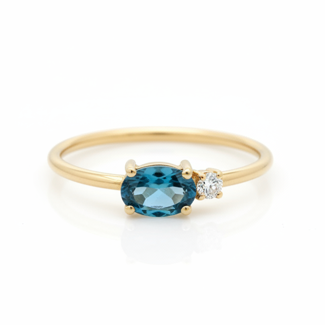 London Blue Topaz Ring With Diamond - Double Stone Ring