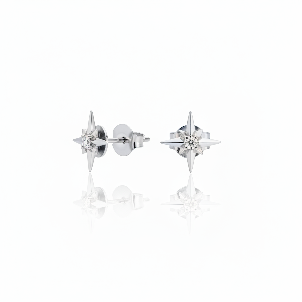 North Star Diamond Stud Earrings – 14K White Gold