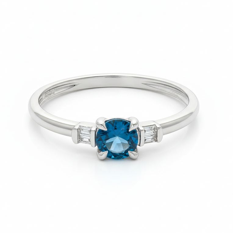 London Blue Topaz 14k Gold Ring with Baguette Diamond