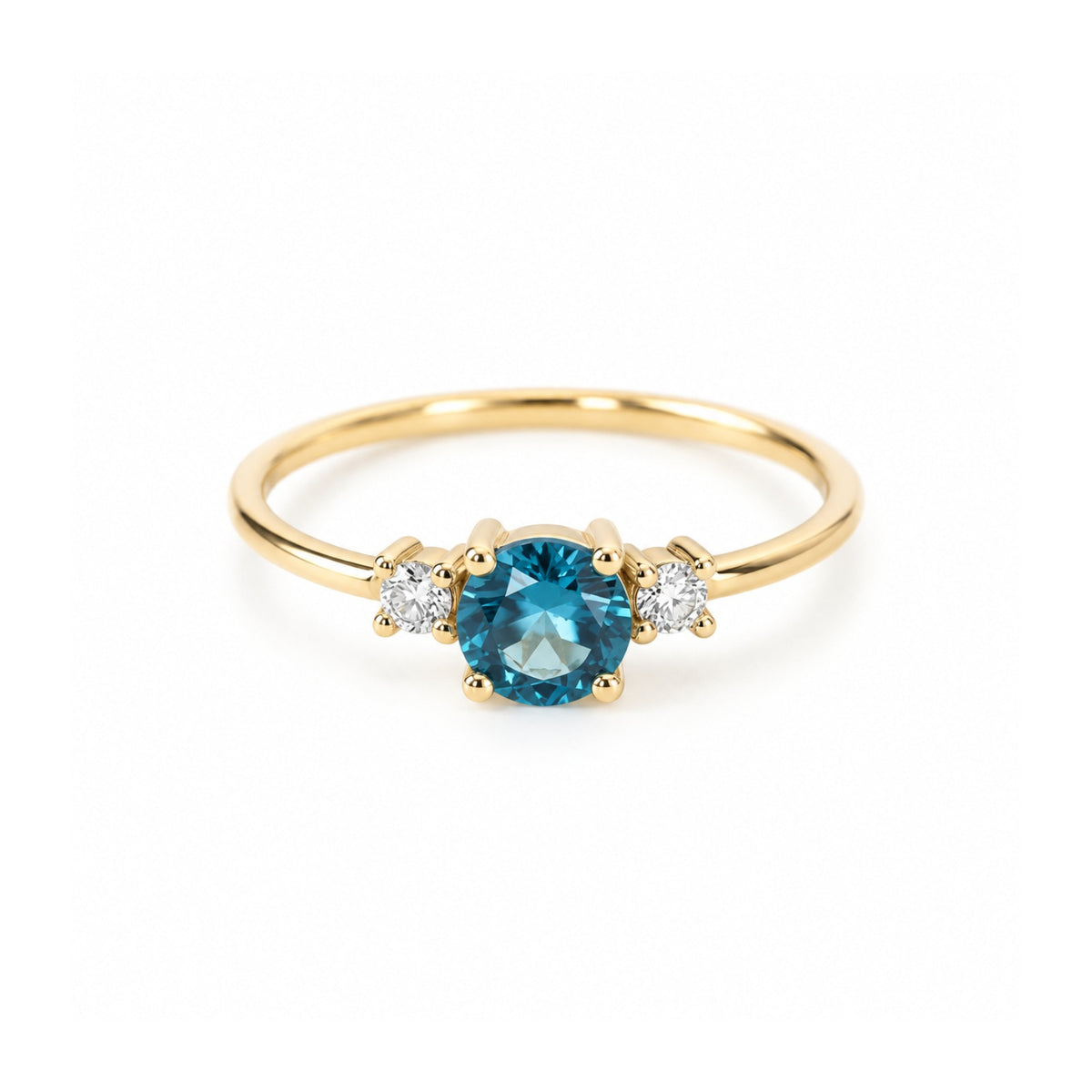 London Blue Topaz Three-Stone Engagement Ring With Diamond in 14K Solid Gold