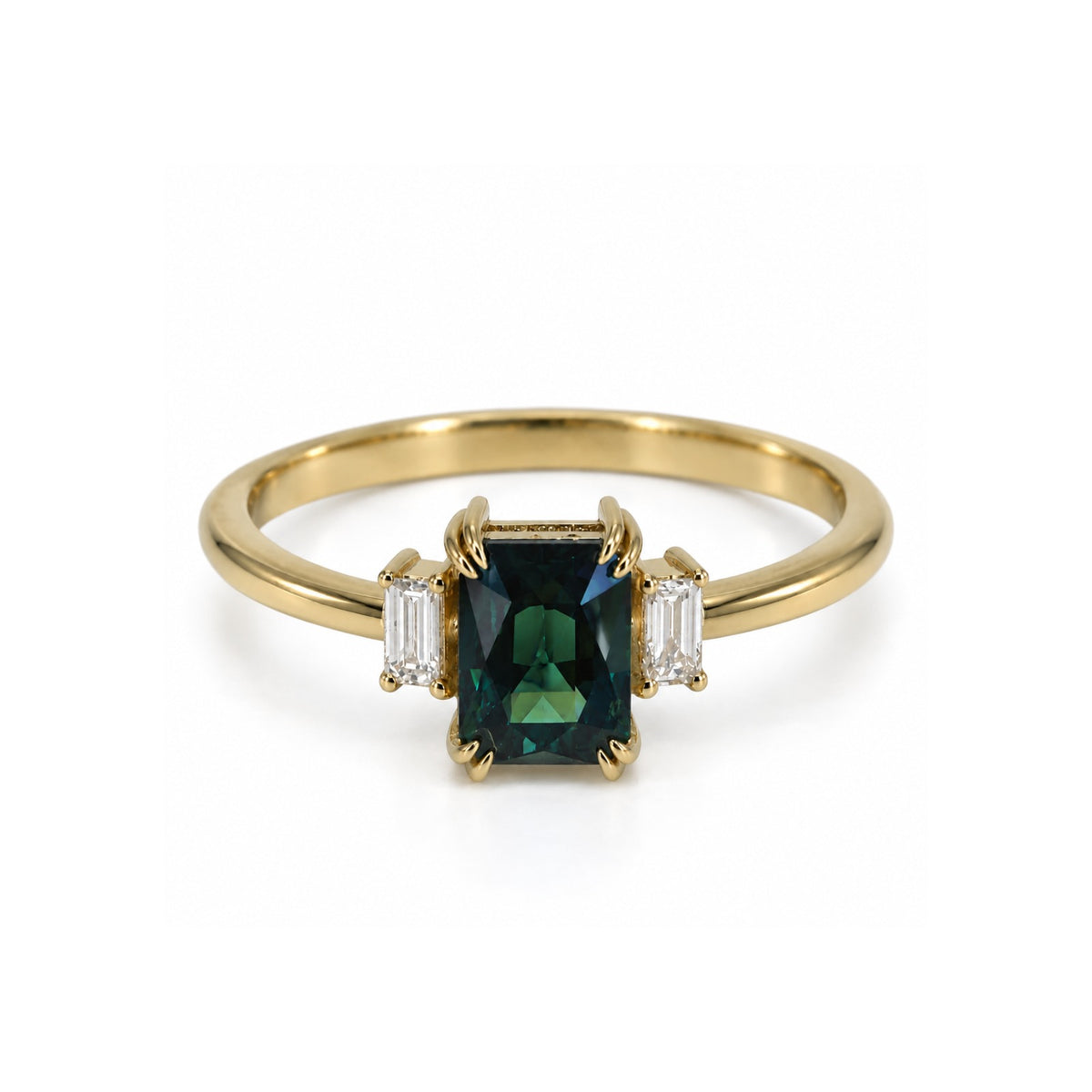 Emerald Cut Teal Sapphire & Baguette Diamond Ring - Trinity