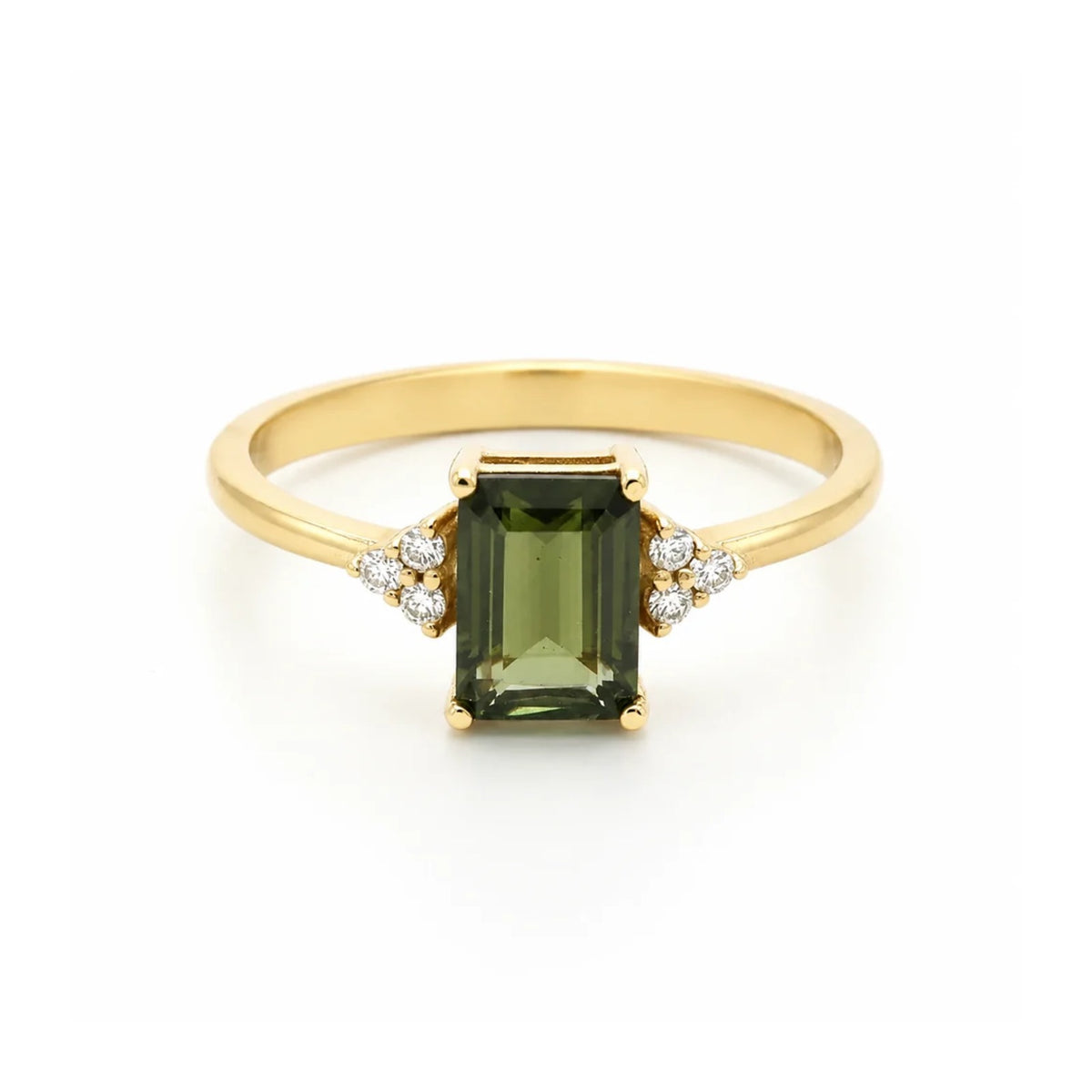 Emerald Cut Moldavite 14K Gold Ring With Diamonds – Solenne
