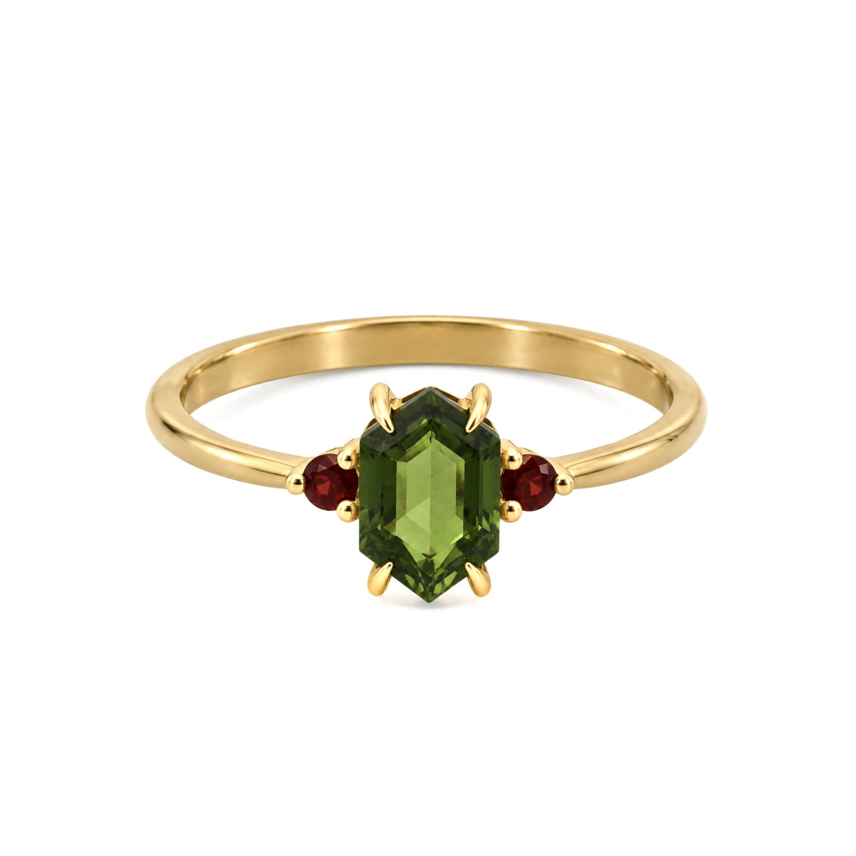 Hexagon Moldavite & Garnet Engagement Ring - Trinity
