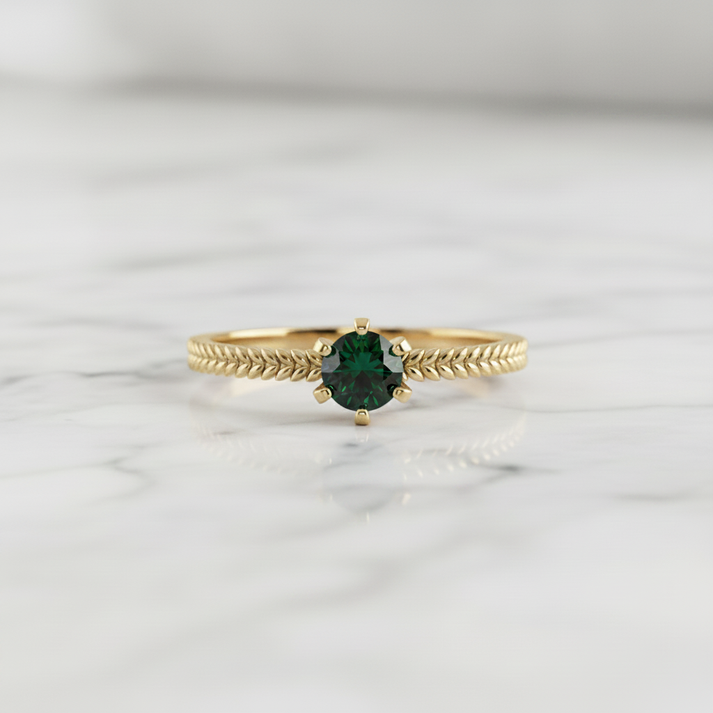 Wheat Band Deep Green Sapphire 14K Gold Ring