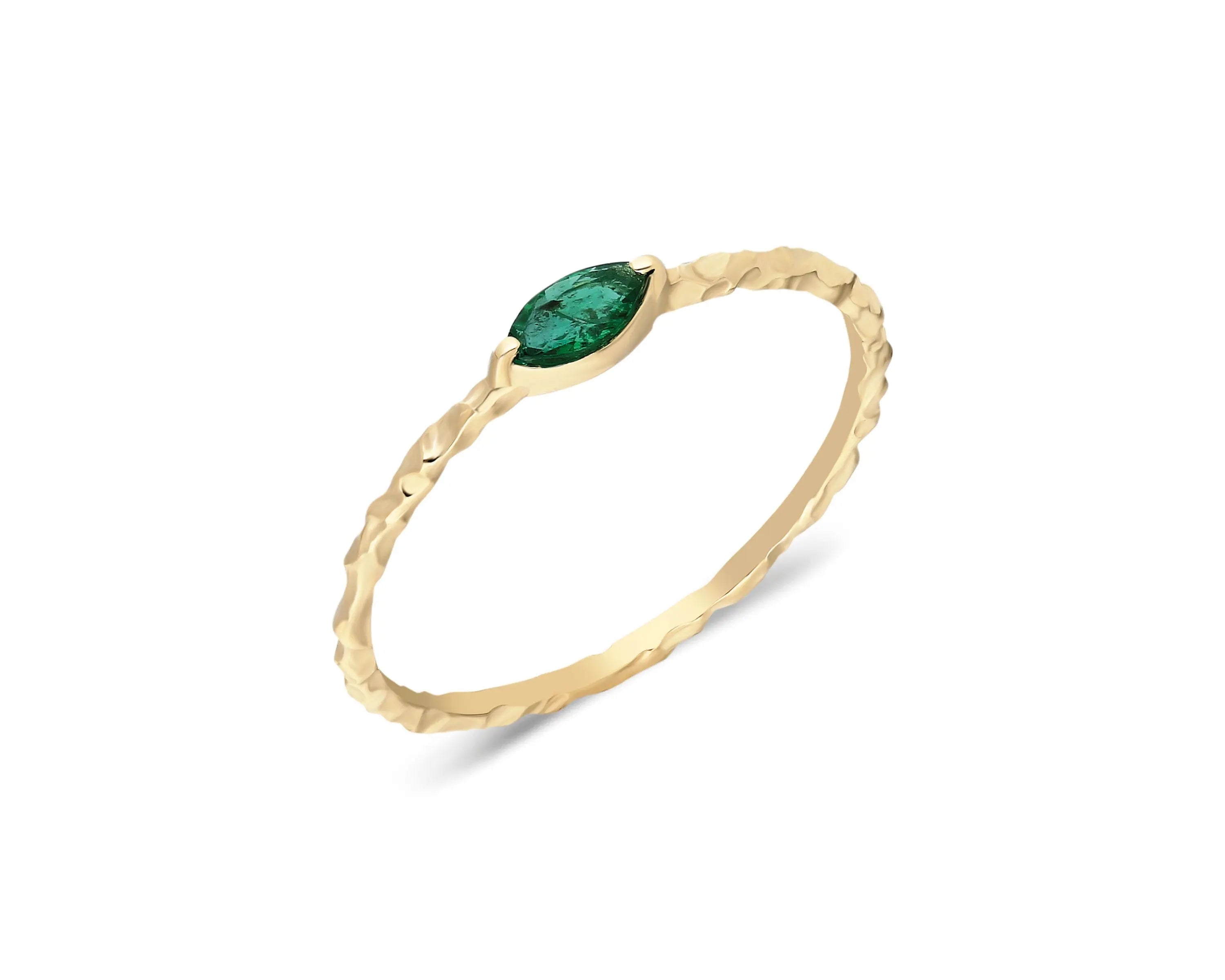 Dainty Emerald Ring , Emerald Ring , Gold Ring , Solid Gold Ring , Hammered Gold Ring , Stackable Gold Ring , Matte Gold Ring