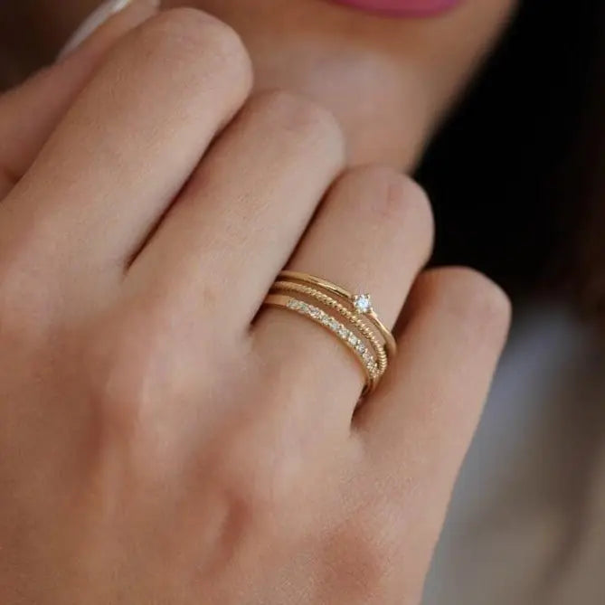 Diamond Ring , Triple Diamond Ring , Solid Gold Ring , Triple Ring , Trio Ring , Gift For Her , Triplr Gold Ring