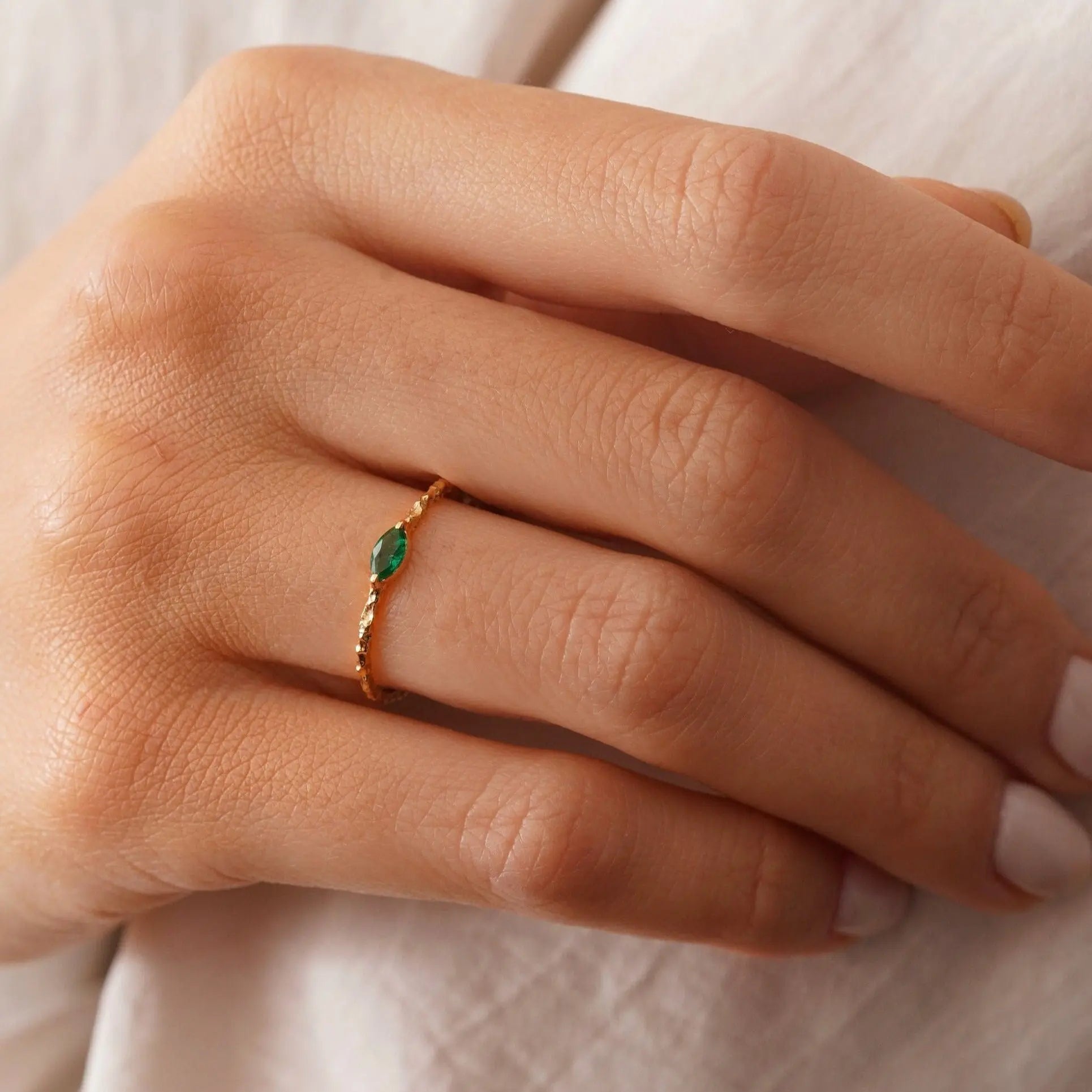 Dainty Emerald Ring , Emerald Ring , Gold Ring , Solid Gold Ring , Hammered Gold Ring , Stackable Gold Ring , Matte Gold Ring