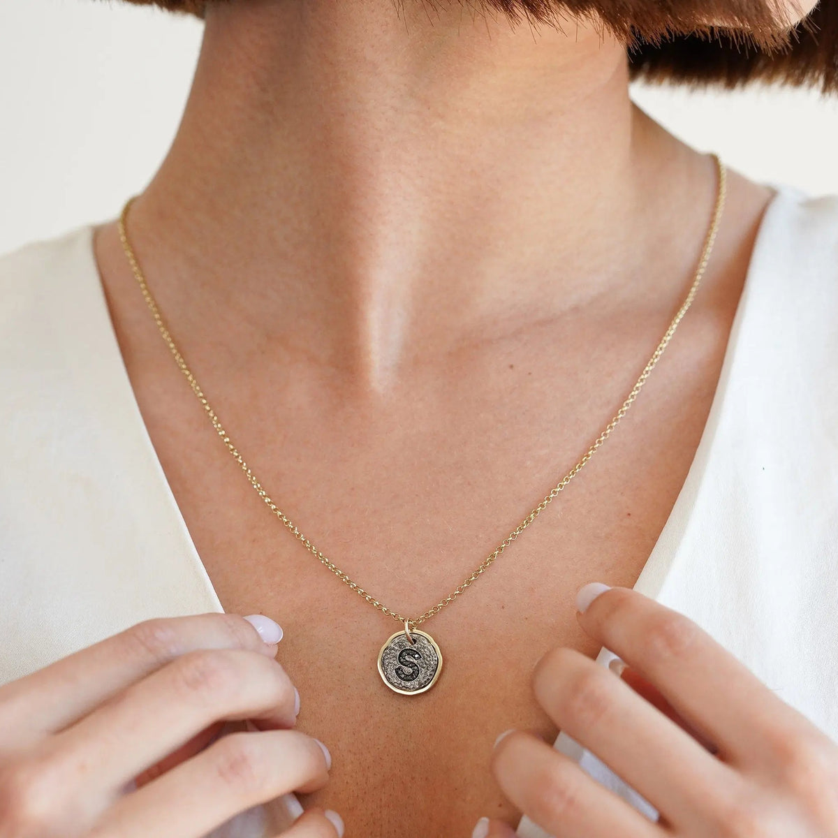 Gemstone Bezel Pendant, Diamond Letter S, Unisex Orizzo fine jewelry