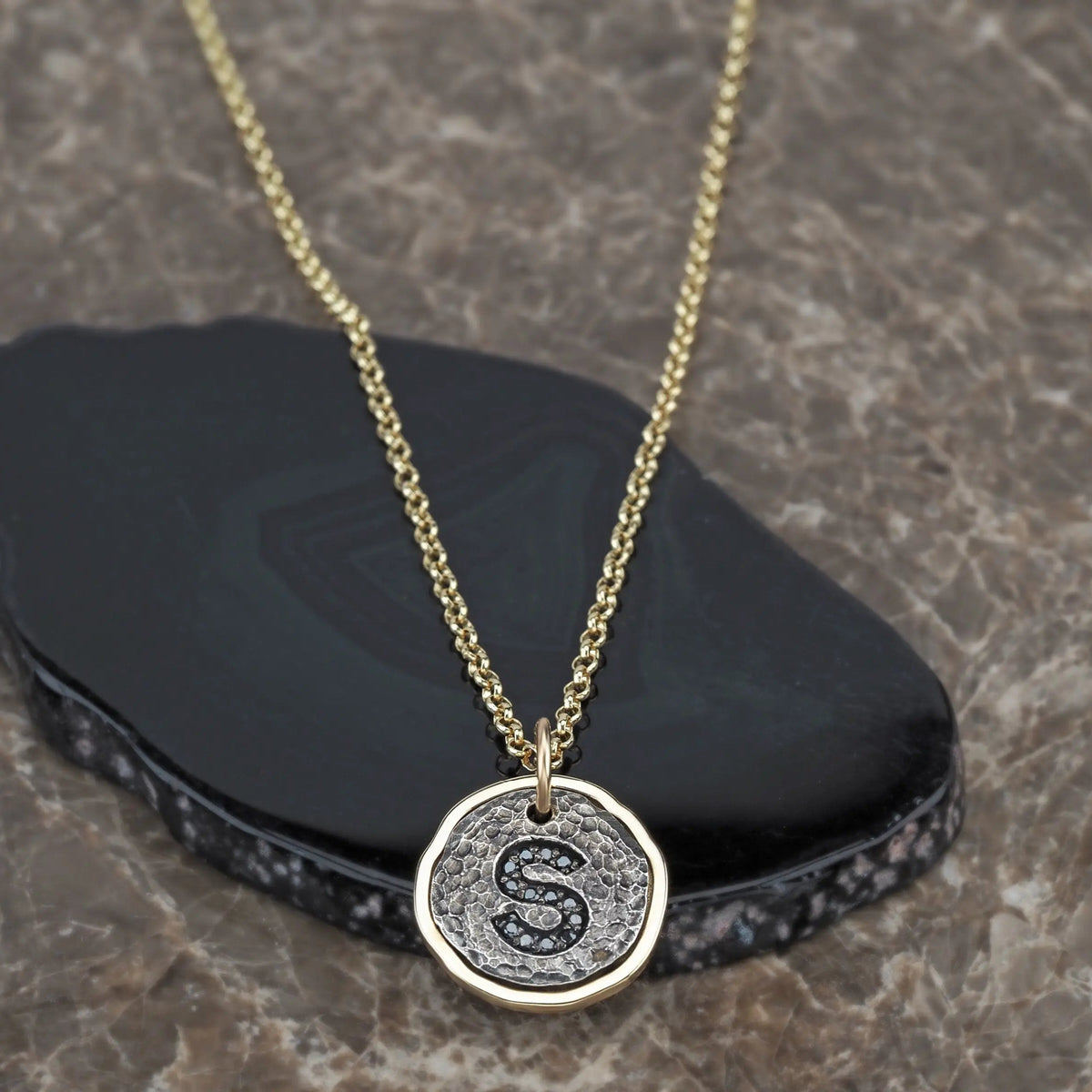 Gemstone Bezel Pendant, Diamond Letter S, Unisex Orizzo fine jewelry