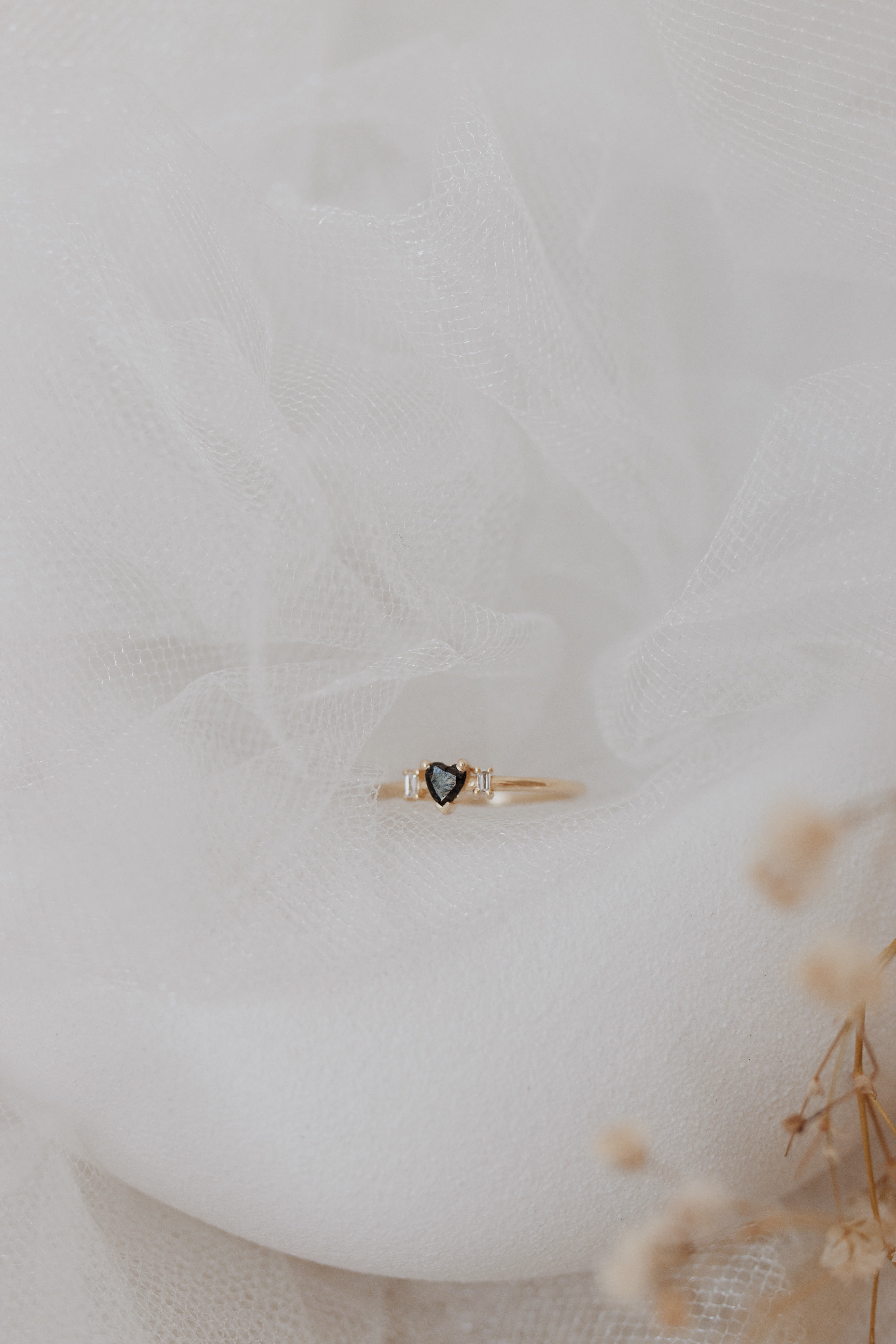 Solitaire Heart Shape Black Diamond Engagement Ring with Baguette Diamonds Orizzo fine jewelry