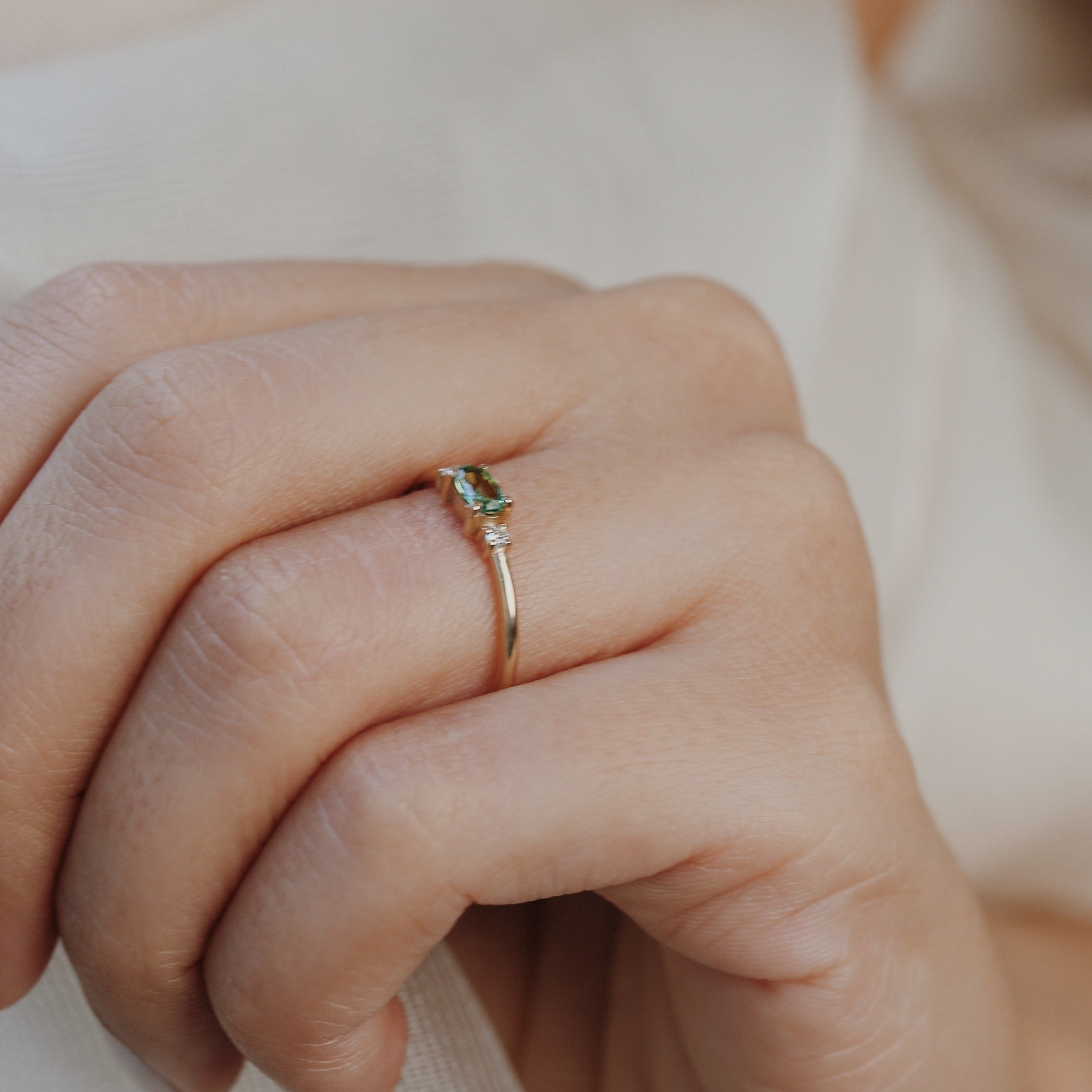 Three Stone Oval Green Sapphire Ring With Diamond