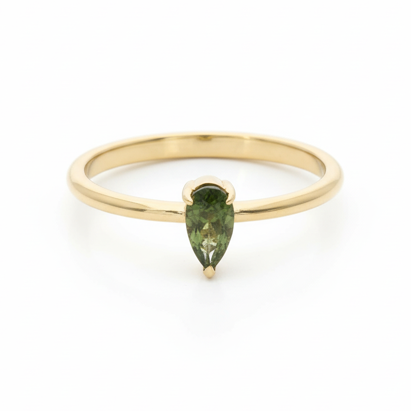 14K Gold Pear Moldavite Ring In Claw Setting
