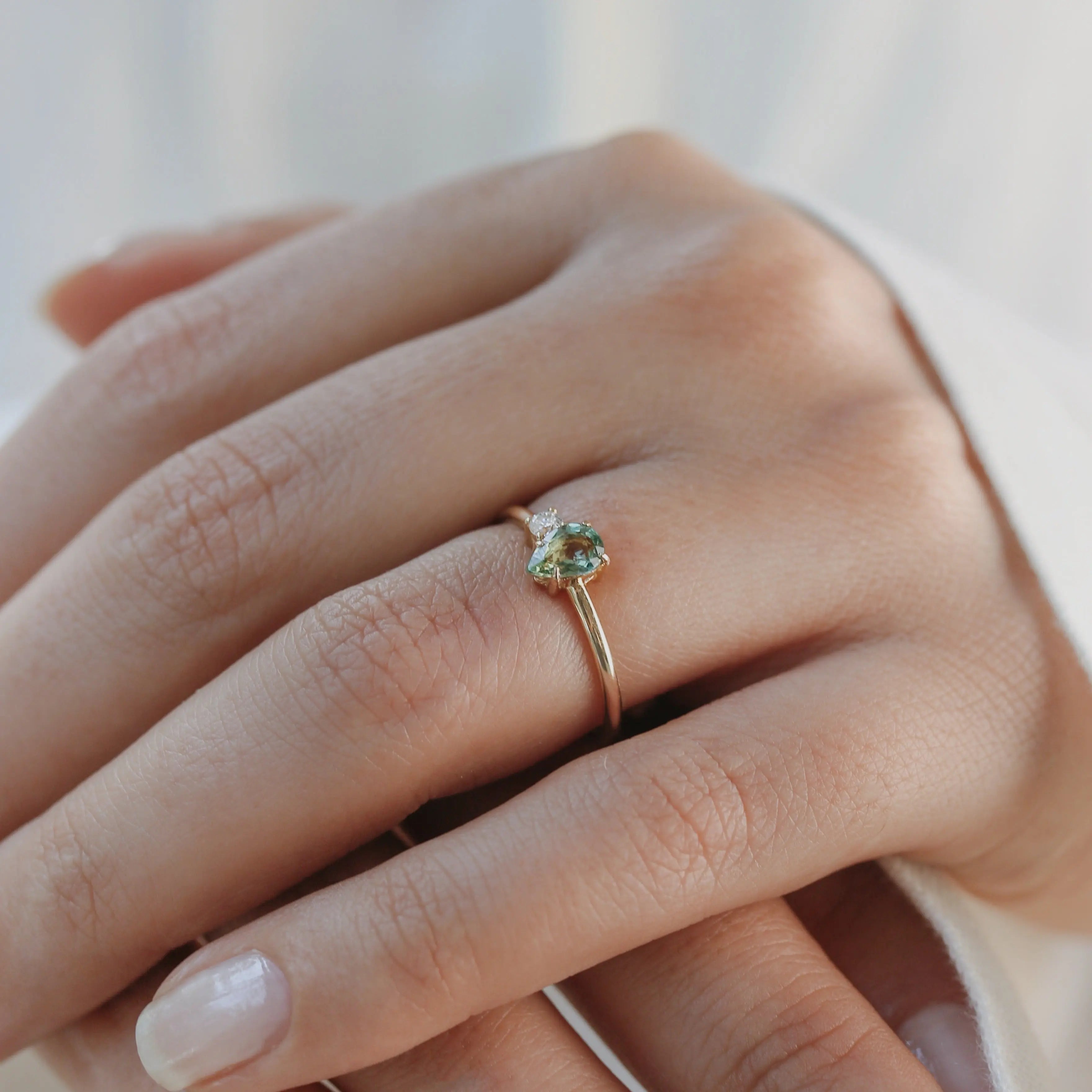 Pear Shape Green Sapphire Engagement Ring With Diamond - Alternative Bridal Orizzo fine jewelry