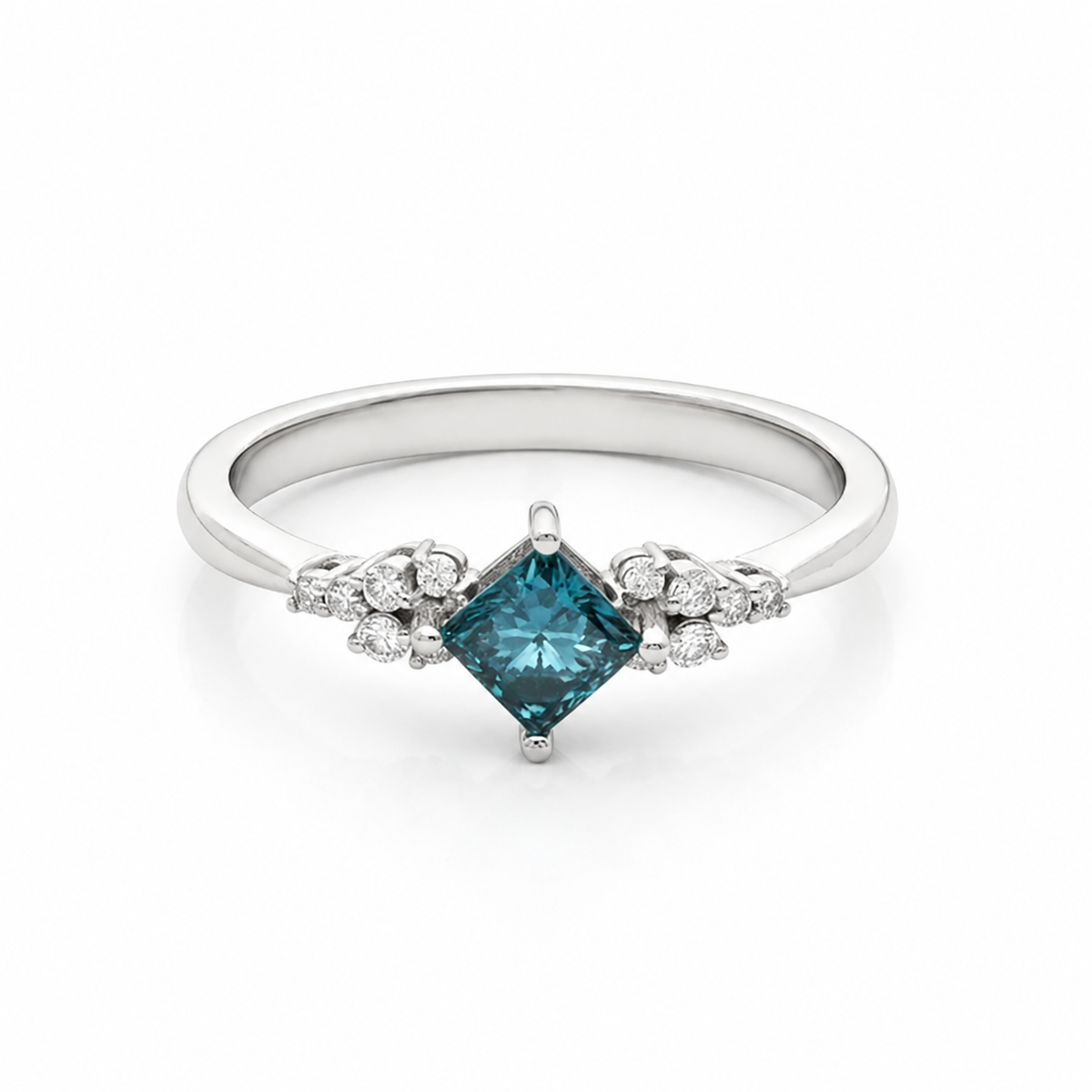 Blue Princess Cut Diamond Engagement Ring – 14K Gold