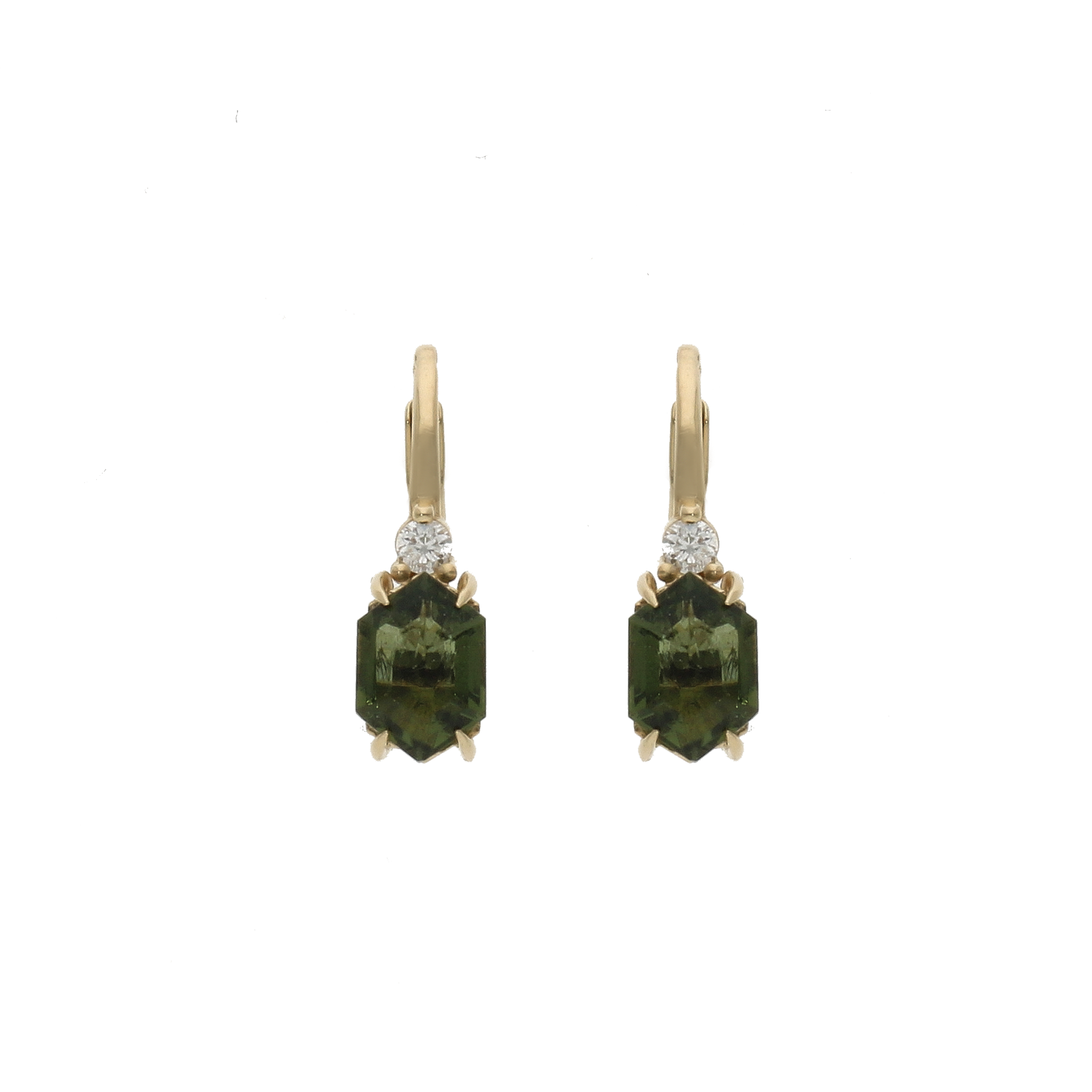 14K Gold Moldavite Earrings with Diamonds