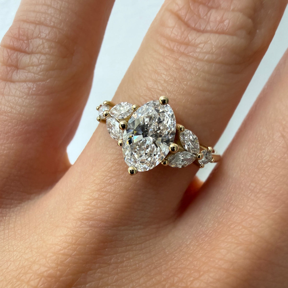 Oval Cut Diamond Engagement Ring with Marquise Side Diamonds - Lab Grown