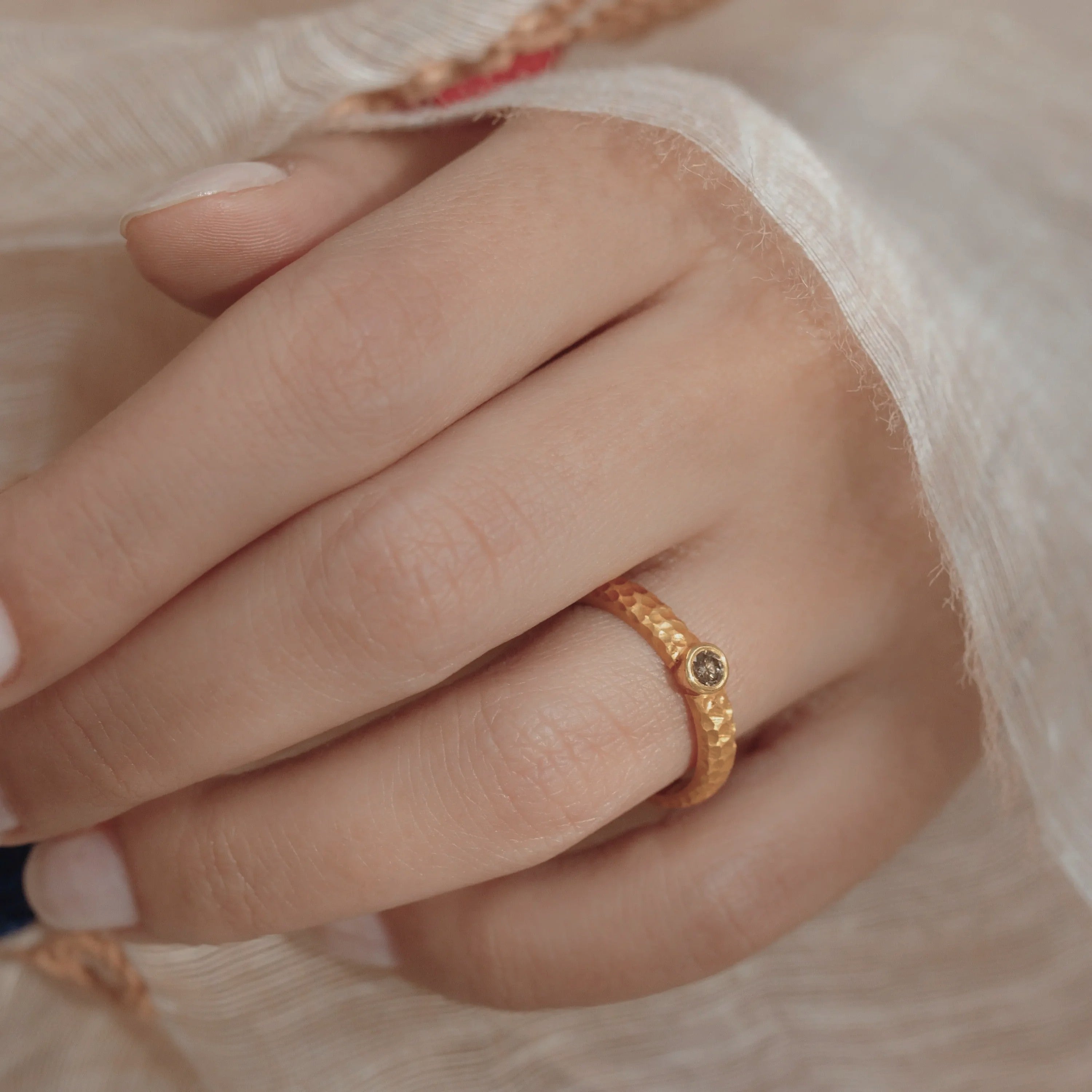 Hammered Band Champagne Diamond Wedding Band