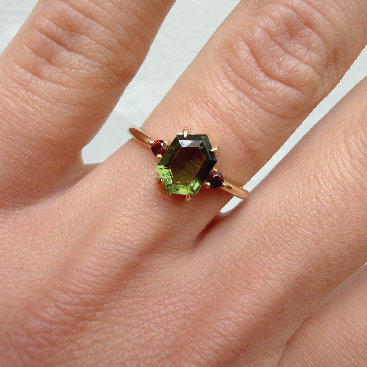 Hexagon Moldavite & Garnet Engagement Ring - Trinity
