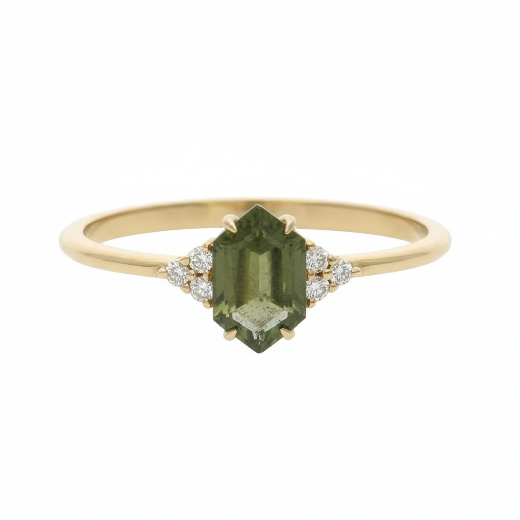 Hexagon Moldavite Engagement Ring With Diamond - Hexara
